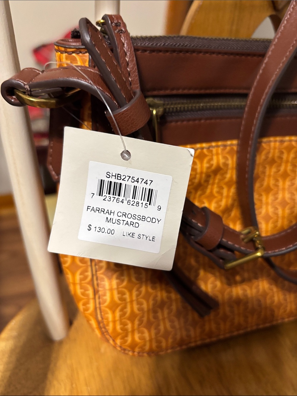 Fossil Orange Patterned Crossbody with Brown Leather Trim - Picture 2 of 7